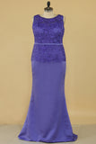 2024 Plus Size Scoop With Sash Prom Dresses Satin & Lace Mermaid