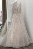 Deep V Neck Sleeveless A Line Lace Wedding Dress With Beading, Tulle Bridal Dress