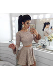 Two Piece A-Line Long Sleeves Lace Short Homecoming Dress