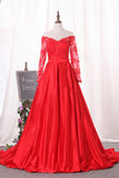 2024 Scoop Prom Dresses Long Sleeves Satin A Line With Applique Court Train