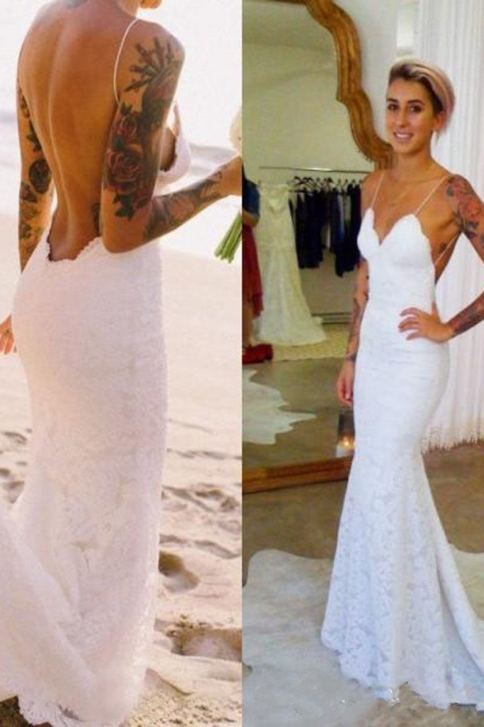 2024 Sexy Spaghetti Straps Open Back Mermaid Lace Beach Wedding Dresses Zipper Up
