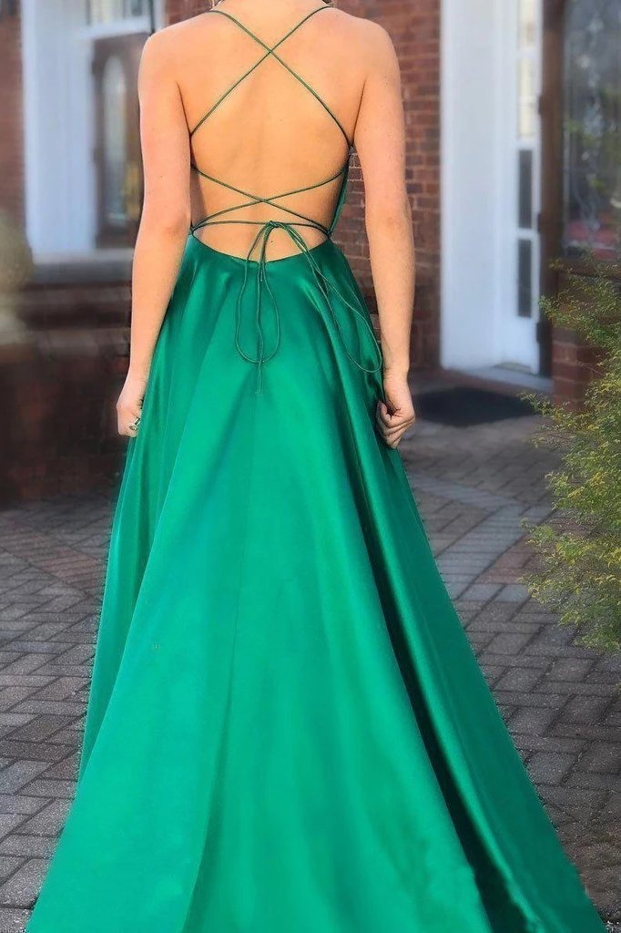 Elegant A Line Green Lace up Prom Dresses with Pockets Slit Formal Evening SRS15634