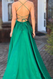 Elegant A Line Green Lace up Prom Dresses with Pockets Slit Formal Evening SRS20406