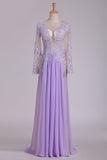 2024 Scoop Long Sleeves Prom Dresses With Applique And Beads A Line Chiffon