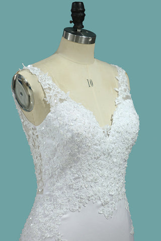 2024 Mermaid Wedding Dresses V Neck Open Back Elastic Satin With Applique