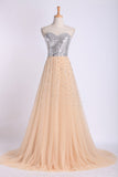 2024 Sweetheart A Line Sweep Train Prom Dresses Tulle With Beads
