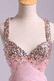 2024 Prom Dresses A-Line Cross Back Floor-Length Chiffon Pink Ready To Ship