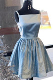 Shiny Blue Satin Beading Square Neck Sleeveless Homecoming Dress Knee Length Prom Dress
