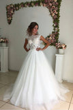 2024 Bateau A Line Wedding Dresses Tulle With Applique Sweep Train
