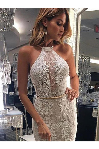 Halter Mermaid Lace Sleeveless Wedding Dress With Appliques
