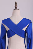 2024 Scoop Prom Dresses Long Sleeves Spandex Open Back Drak Royal Blue