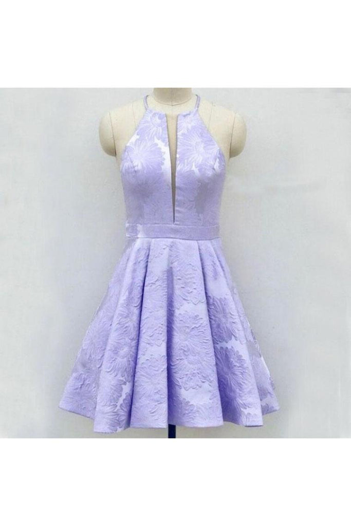 A-Line Above-Knee Lilac Satin Printed Homecoming Dress With Pockets