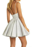 Cute V Neck Short Prom Dress, White Satin Homecoming Dress With Appliques