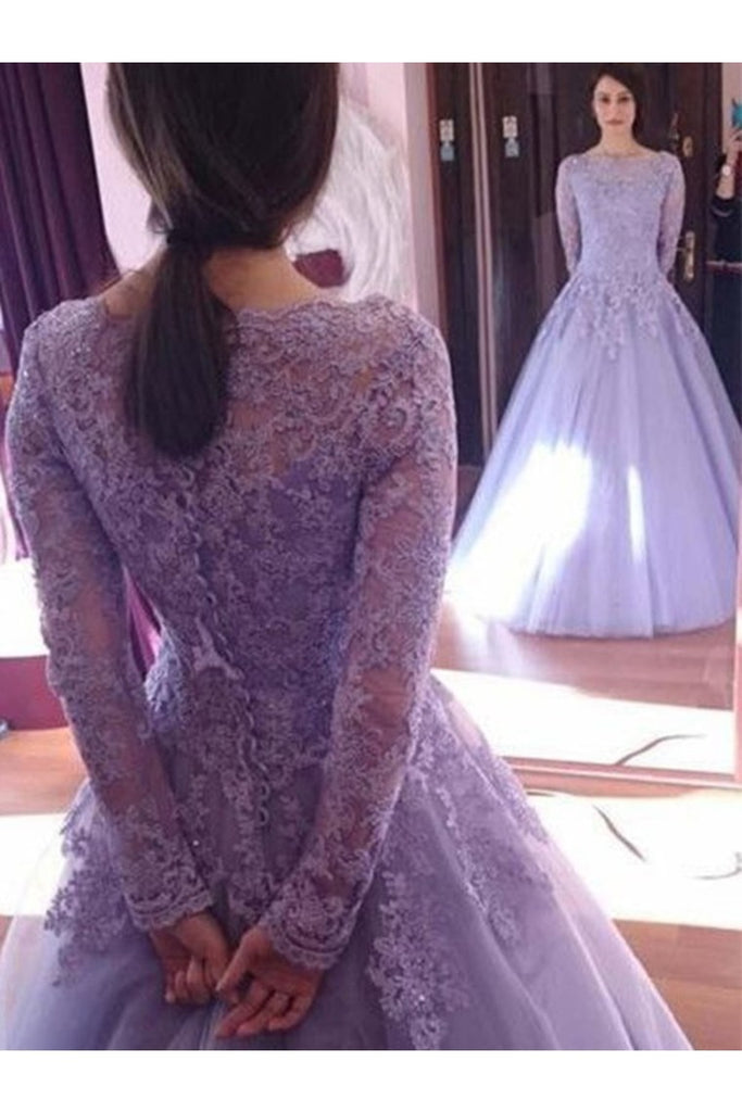 Ball Gown Jewel Long Sleeves Floor-Length Lace Tulle Dresses