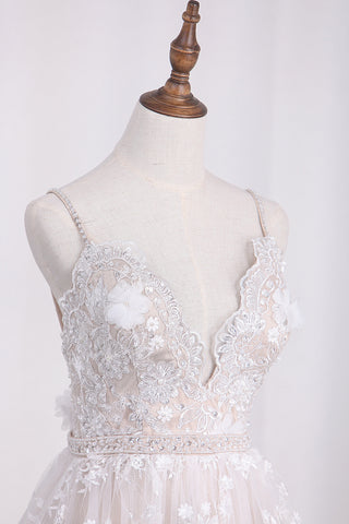 2024 Spaghetti Straps A Line Lace Wedding Dresses With Sash And Handmade Flower