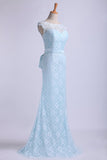 2024 Bateau Prom Dresses Lace Sheath Floor Length With Sash