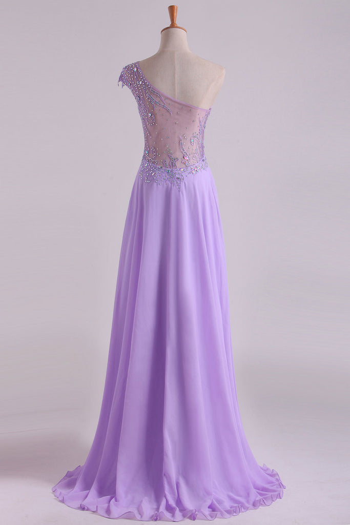 2024 One Shoulder A Line Prom Dress Beaded Tulle And Chiffon Sweep Train