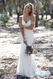 Sexy Spaghetti Straps Mermaid Lace Ivory Wedding Dresses, V Neck Beach Wedding Gowns