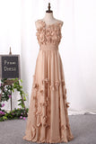 2024 Prom Dresses Scoop A Line With Handmade Flower And Ruffles Floor Length