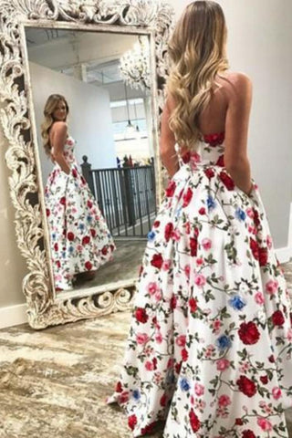 2022 High Low Prom Dresses Strapless A-Line Floral Print Long Ball Gown