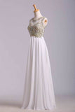 2024 Scoop Neckline Off The Shoulder Prom Dresses White Floor Length Chiffon With Gold Embroidery