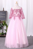 2024 Flower Girl Dresses Ball Gown Scoop 3/4 Length Sleeves Tulle Floor Length With Appliques