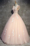 Tulle Long Prom Dress With Flowers, Princess Ball Gown Sheer Neck Party Dress