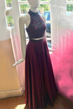 2024 High Neck Two Pieces Satin Prom Dresses With Beaded Bodice Sweep Train