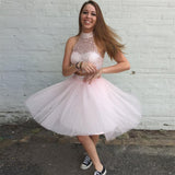 Two Homecoming Dresses Pink Reina Piece High Neck Open Back Beading Pearl
