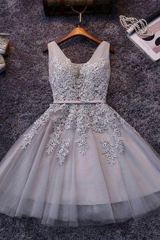 Princess/A-Line V-Neck Appliques Elise Homecoming Dresses Gray Tulle Dresses Prom