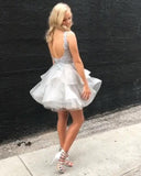 Princess/A-Line Scoop Backless Homecoming Dresses Lilianna Appliques Gray Organza Dresses Prom