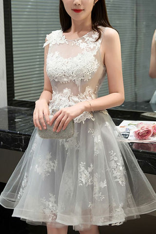Princess/A-Line Jewel Sleeveless Light Gray Tulle Dresses Homecoming Dresses Julianne With Appliques Prom
