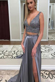 2024 A Line Two-Piece Deep-V Neck Satin With Beaded Bodice Sweep Train