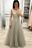Deep V Neck Sleeveless Floor Length Prom Dress With Beading, A Line Tulle Long Dress