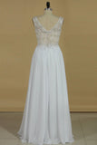 2024 Chiffon & Lace Prom Dresses V Neck With Beading A Line Sweep Train