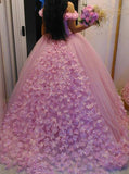 Pink Off-the-Shoulder Ball Gown Quinceanera Dresses with Flowers Applique