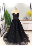 Elegant A Line Sweetheart Strapless Black Tulle Prom Dresses With Beading