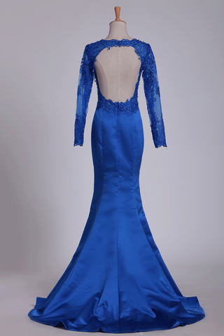 2024 Royal Blue Prom Dresses Long Sleeves Mermaid/Trumpet Satin With Applique Backless