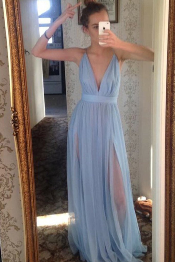 Flowy Long V-Neck Spaghetti Straps Simple Elegant Sky Blue Prom Dresses