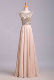 2024 Prom Dress Scoop A Line Floor Length Beaded Tulle Bodice With Chiffon Skirt
