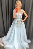 Tulle V Neck Long Prom Dress A Line Sleeveless Appliques Evening Dress