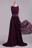 2024 Prom Dresses A-Line Bateau Floor-Length Chiffon With Beads & Ruffles