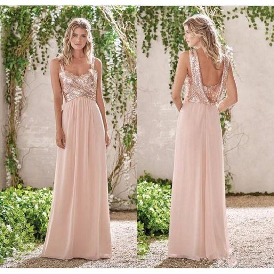 Rose Gold A-Line Spaghetti Straps Backless Sequins Chiffon Bridesmaid Dress