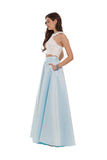 2024 Two Pieces Prom Dresses Satin With Applique Floor Length