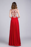 2024 Hot Selling Scoop A Line Full Length Red Prom Dress Beaded Tulle Bodice With Chiffon Skirt