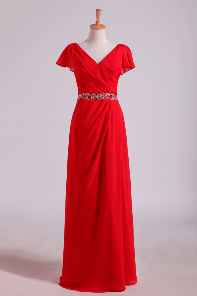 2024 Mother Of The Bride Dresses V-Neck Floor-Length Chiffon With Beading Waist Line