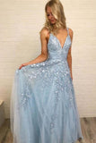 2022 Prom Dress Tulle A-Line V-Neck Floor Length With Appliques