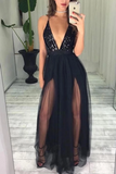 Sexy Black Sequins And Tulle Spaghetti Straps Deep V Neck Simple Floor Length Prom Dress