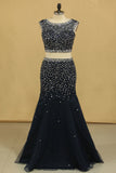 2024 Two Pieces Scoop Mermaid Beaded Bodice Prom Dresses Floor Length Tulle