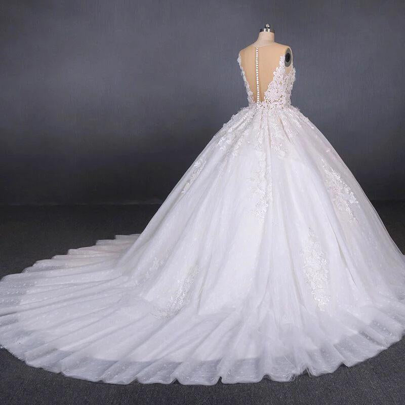 Princess Ball Gown Sheer Neck White Wedding Dresses Lace Appliqued Bridal Dresses SRS15293